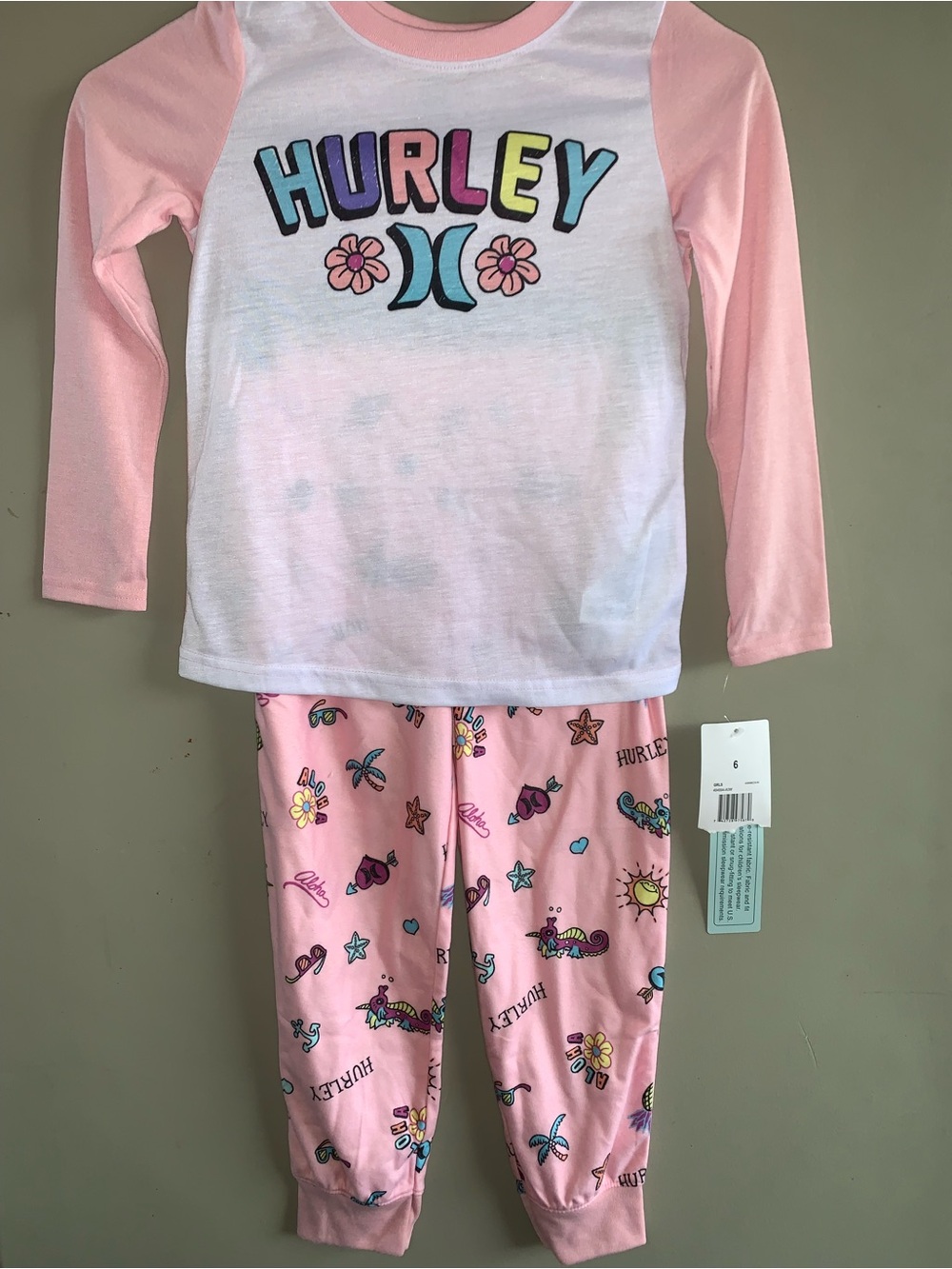 Hurley Pink and White Girls' Two-Piece Pajama Set